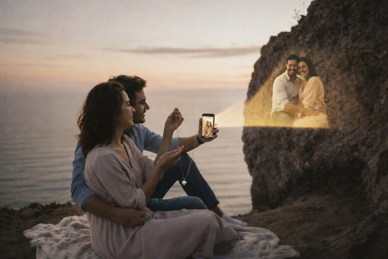 Gepersonaliseerde projectieketting met foto van The Eternal Gaze, getoond door een stel tijdens een romantische zonsondergang.