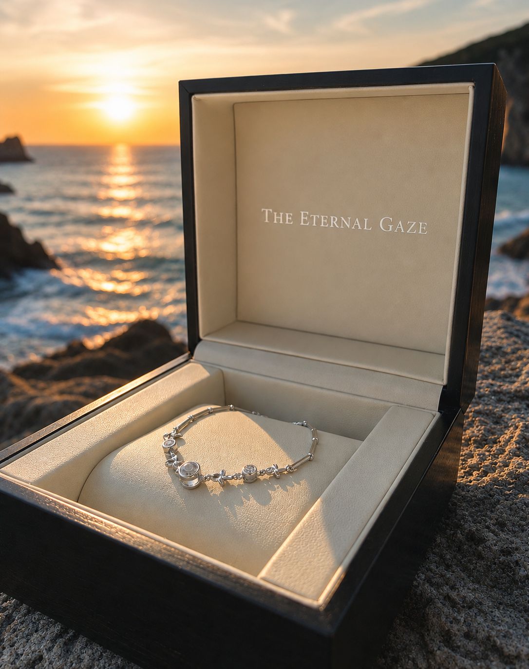 Zilverkleurige projectiearmband van The Eternal Gaze in een luxe geschenkdoos tegen een zonsondergang op de achtergrond.