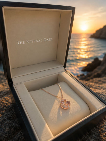 Goudkleurige projectieketting in maanvorm met kristallen van The Eternal Gaze. Gepresenteerd in een luxe cadeauverpakking tegen een zonsondergang.