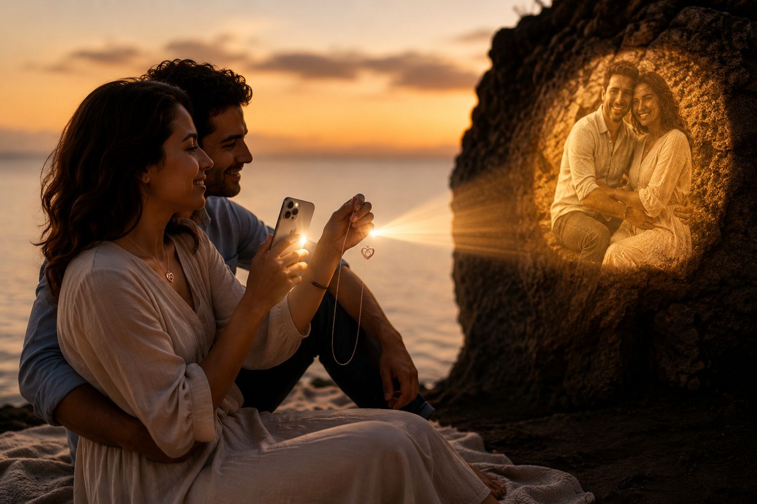 Vrouw houdt een gouden projectieketting vast die een foto van een stel projecteert op de rotsen tijdens zonsondergang.