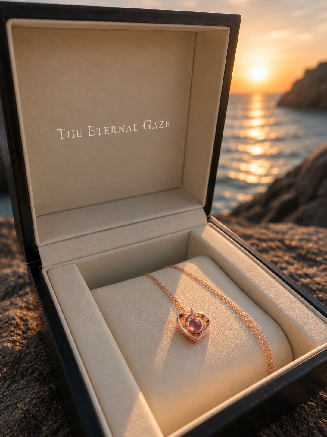 Goudkleurige projectieketting in hartvorm van The Eternal Gaze. Elegant gepresenteerd in een luxe geschenkdoos tegen een sfeervolle achtergrond van een zonsondergang bij zee.